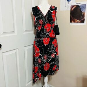 Y2K Black and Red Floral Asymmetrical Midi Dress
